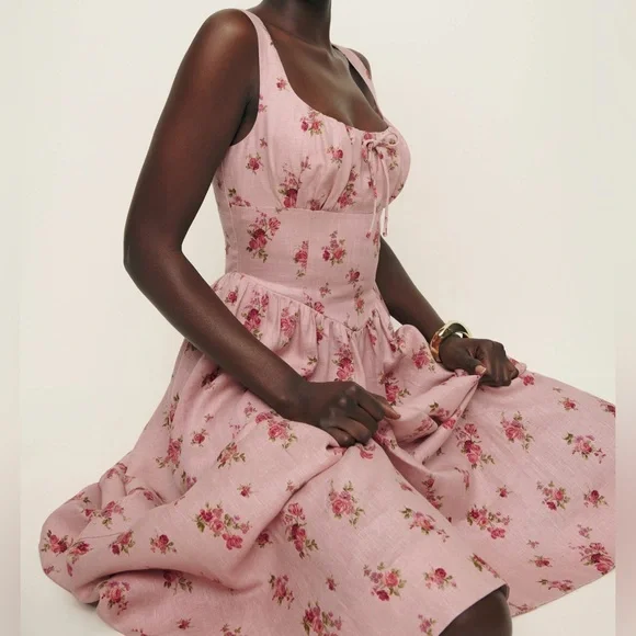 New Reformation Pink Balia Linen Midi Dress in Tea Time Size 8 - Picture 3 of 8